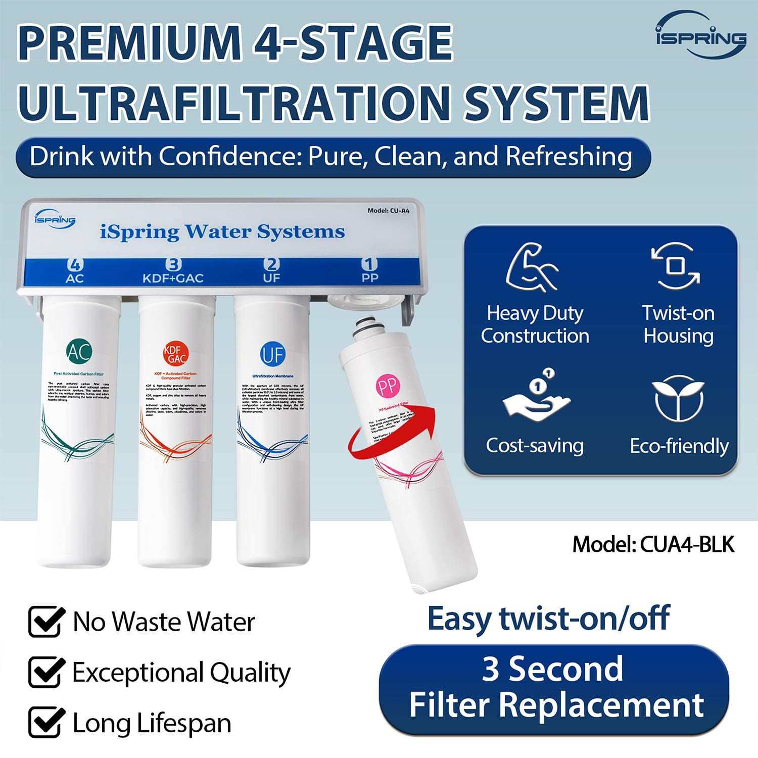 iSpring CUA4-BLK 0.01 Micron Ultra Filtration Under Sink Water Filter System, High Capacity Tankless 4-Stage Ultrafiltration Water Filter, Removes 99.99% Contaminants, Quick Filter Change with Faucet