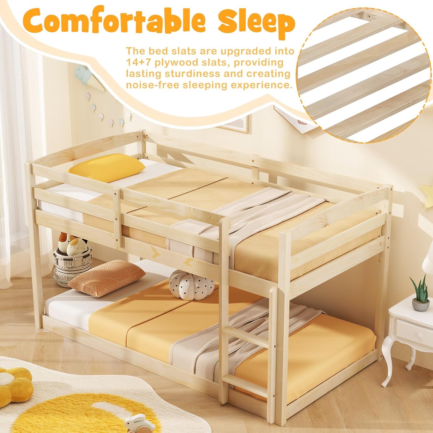 KOMFOTT Low Bunk Bed Twin Over Twin, Solid Wood Twin Bed Frame with Built-in Ladder & Safety Guardrails, Space-Saving Low Bunk Bed for Kids, Teens, No Box Spring Needed