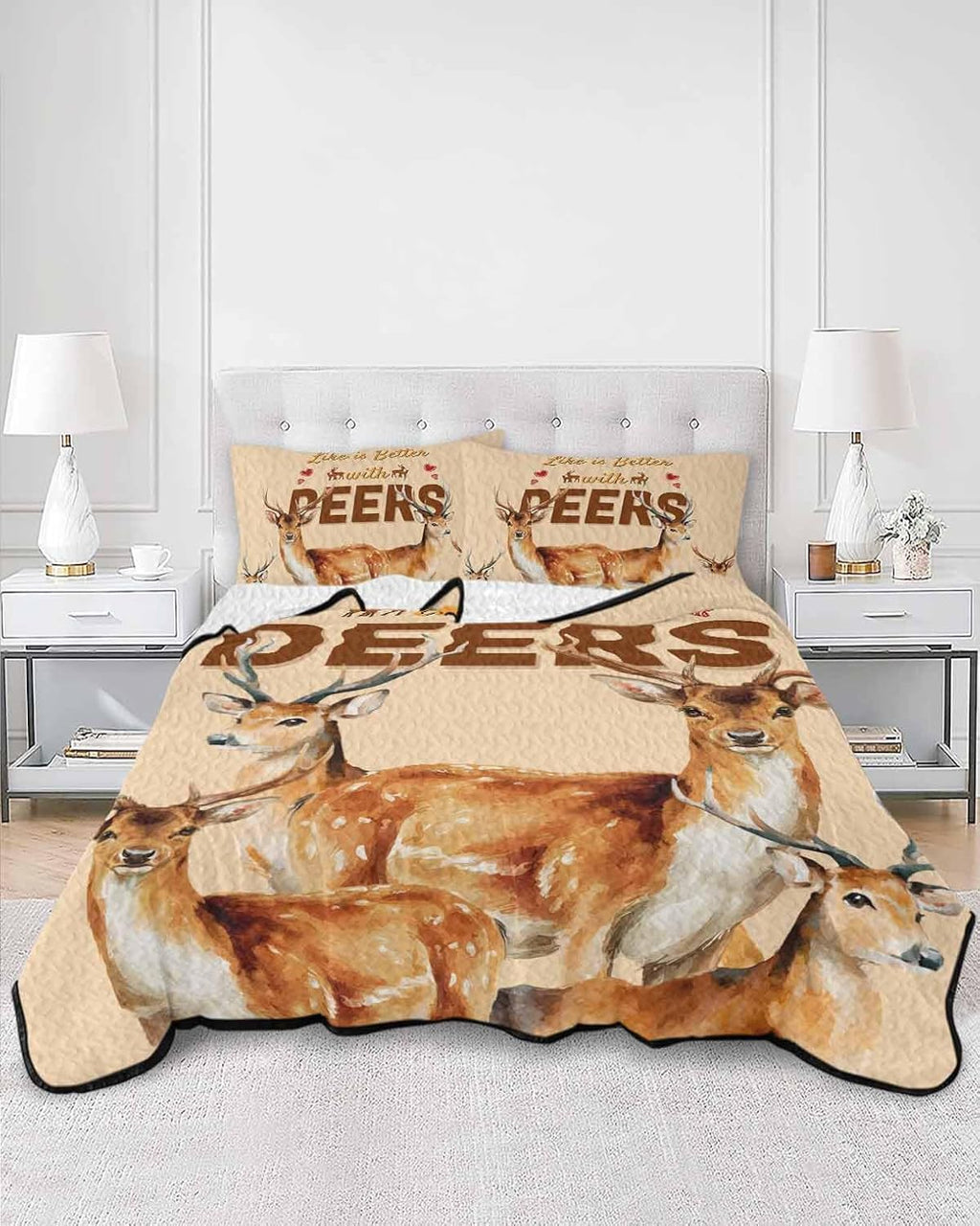 Quilt King Size Bedding Set, Farmhouse Deer Lightweight Summer Quilt 3 Pieces Bedding Sets, Wildlife Elk Animals Rustic Orange Reversible Soft Bedspreads Coverlets with 2 Pillow Shams for All Season
