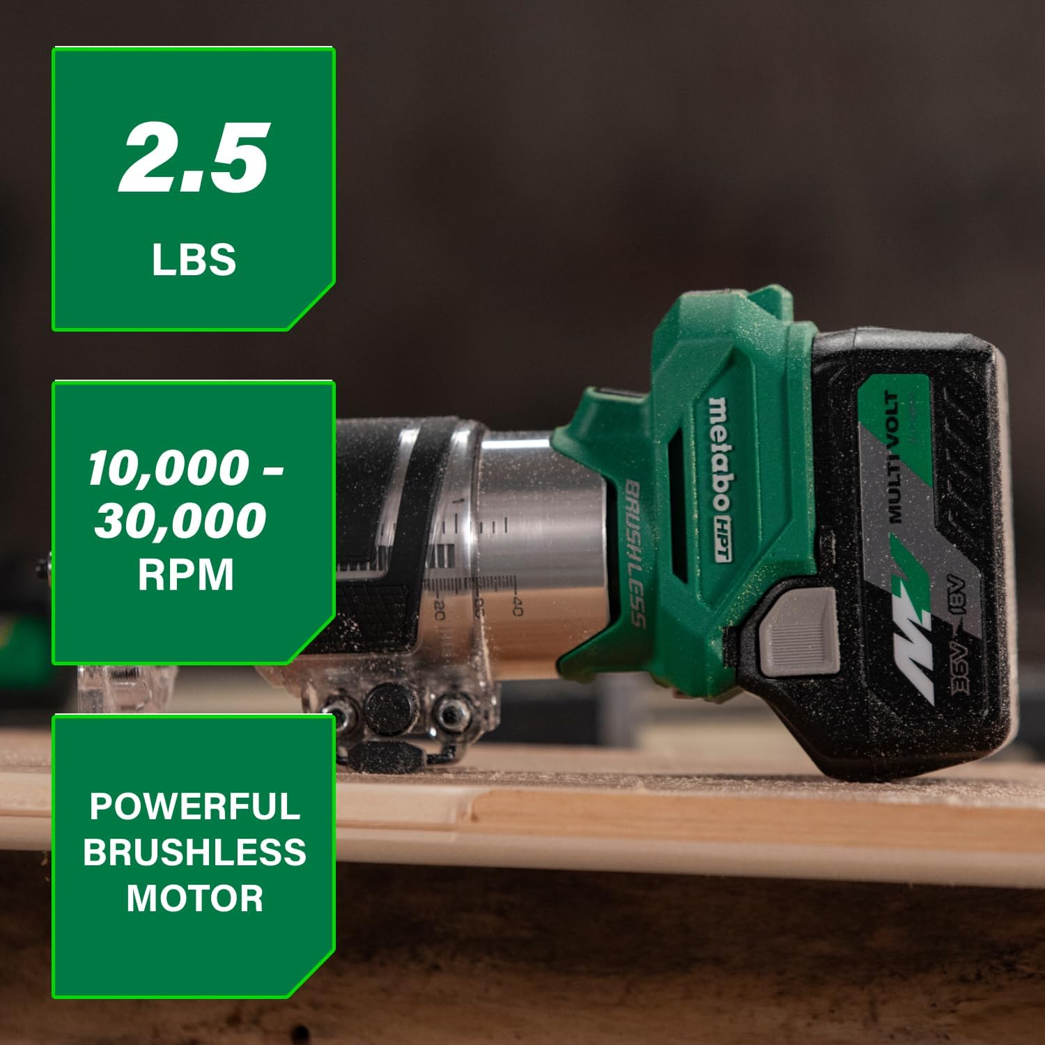 Metabo HPT 18V Cordless Trim Router, Variable Speed 10,000-30,000 RPM, Lightweight Router Design, 1/4-Inch and 3/8-Inch Collets, LED Work Light, Soft Start & Quick Brake, Tool Body Only, M1808DAQ4