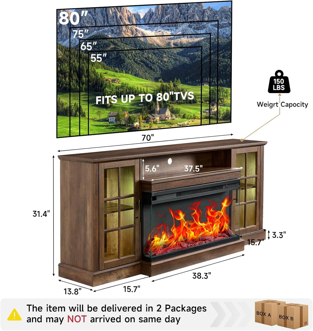 ROCKPOINT 3 Sided Glass 70' Fireplace TV Stand for TVs up to 80inch, Media Entertainment Center with Glass Door Storage Cabinet,36' Electric Fireplace with LED Light and Flame Colors, Espresso
