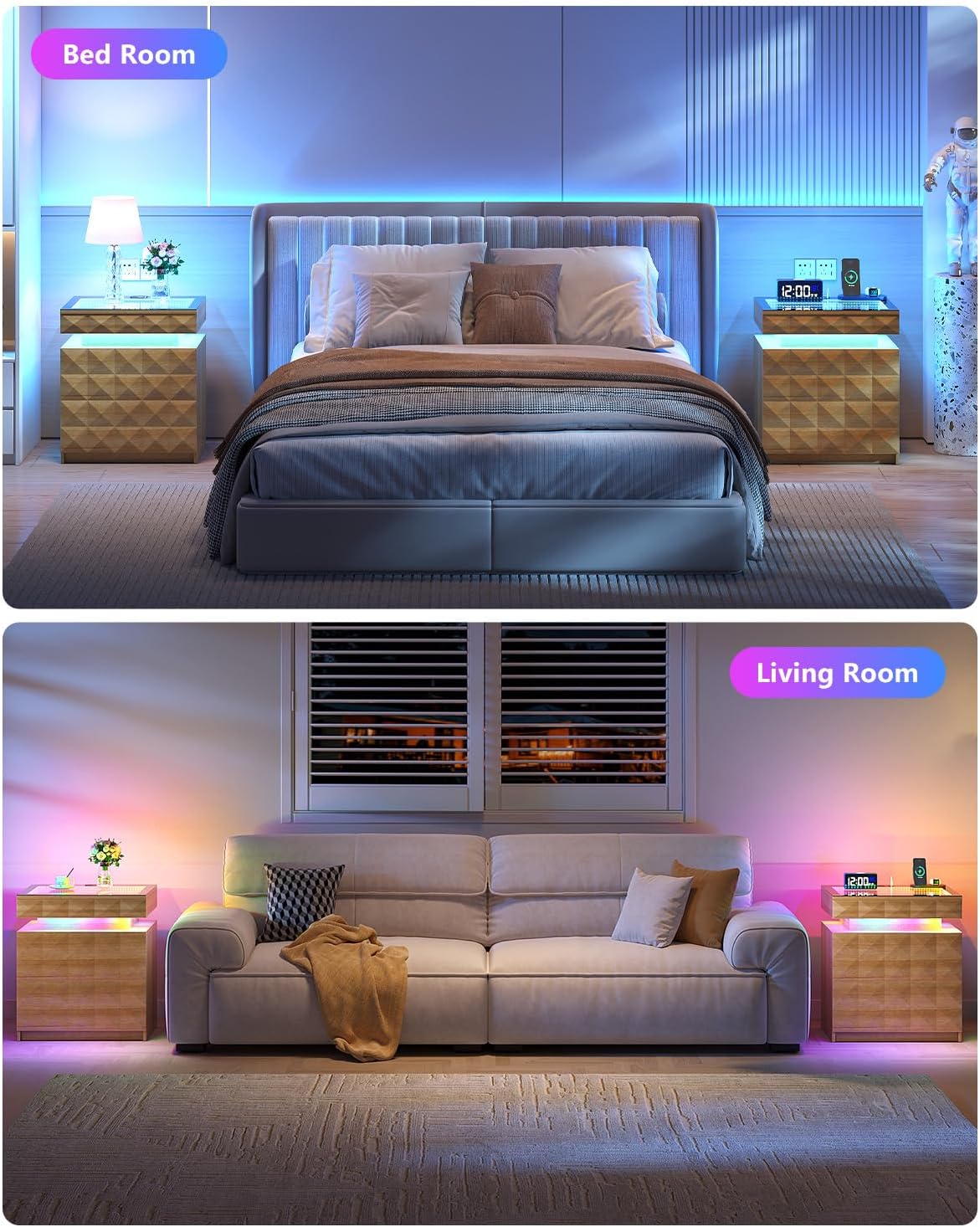 Night Stand Set 2 with Charger Station & RGB Lights, 3 Drawers Bedside Table with Sliding Top, Modern Night Stands with Human Body Sensor for Bedroom, Wood