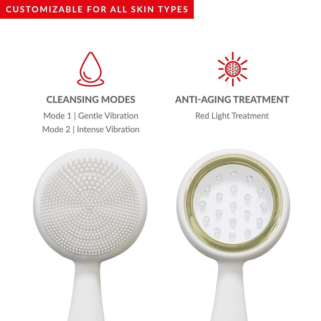 Clean, Acne, and Redvolution - Electric Facial Cleansing Brush, Smart Facial Device with Silicone Brush & Anti-Aging Massager, Red and Blue LED Light