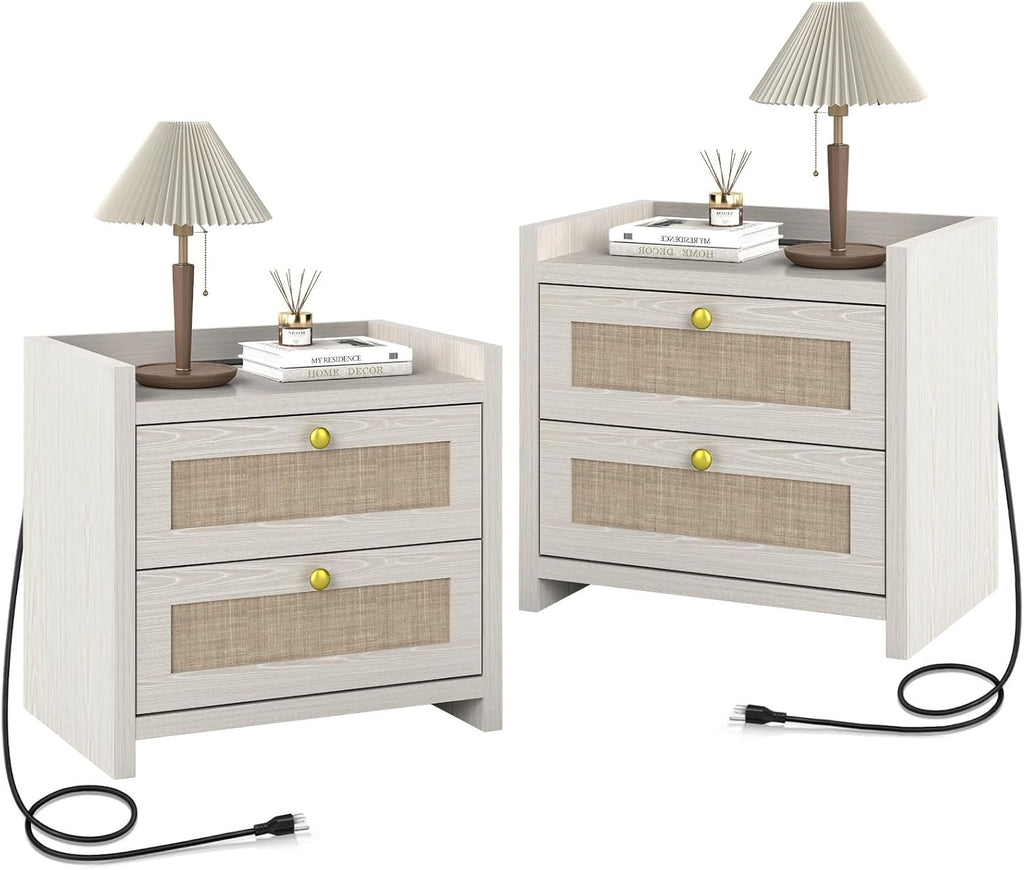 LubanNese 23.6' Nightstand Set of 2, Boho Wooden Bedside Table with Charging Station for Bedroom, Farmhouse Rustic Large Wide Night Stands with 2 Soft Close Drawers, Beige Ash