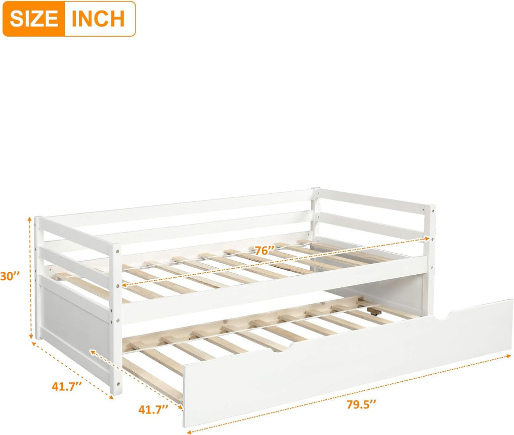 Kids Guests Twin Size Solid Wood Captains Daybed with Pull Out Trundle Frame Set for Bedroom (White-B)