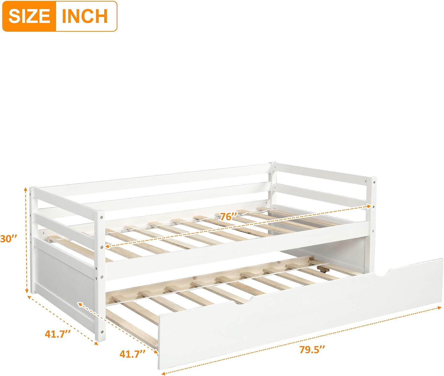 Kids Guests Twin Size Solid Wood Captains Daybed with Pull Out Trundle Frame Set for Bedroom (White-B)