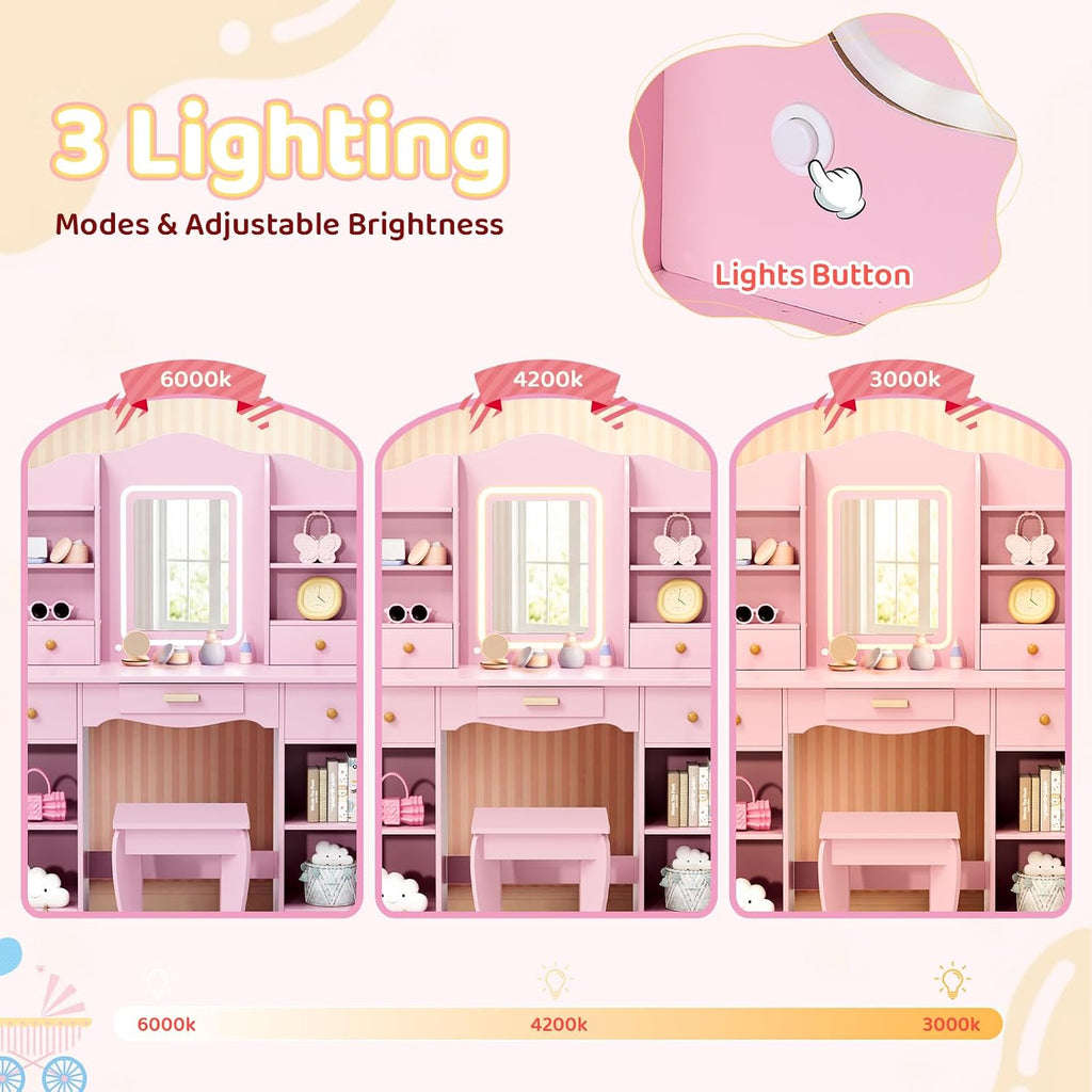 Arlopu Kids Vanity with 3-Color Lights, Girls Vanity Set w/Large Storage, Mirror ＆ Stool, 2 in 1 Princess Wooden Pretend Play Makeup Desk, Dressing Table and Chair, Open Shelves, Drawer (Pink)
