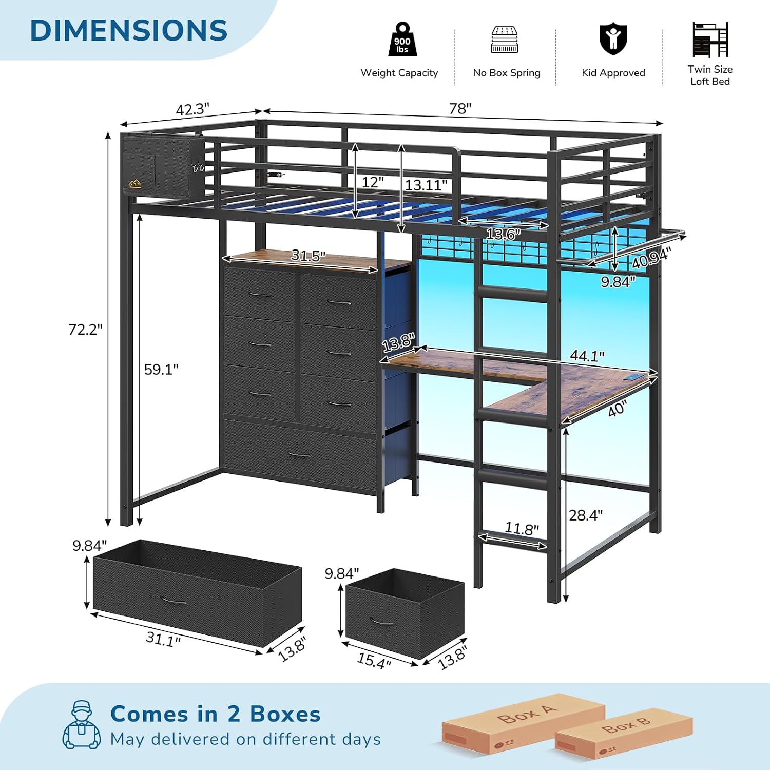 Twin Loft Bed with L-Shaped Desk, 7 Storage Drawers, Metal Loft Bed Twin Size with LED Lights and Charging Station, Storage Shelf and Pegboard, Safety Guardrail and Ladder, No Box Spring Needed, Black