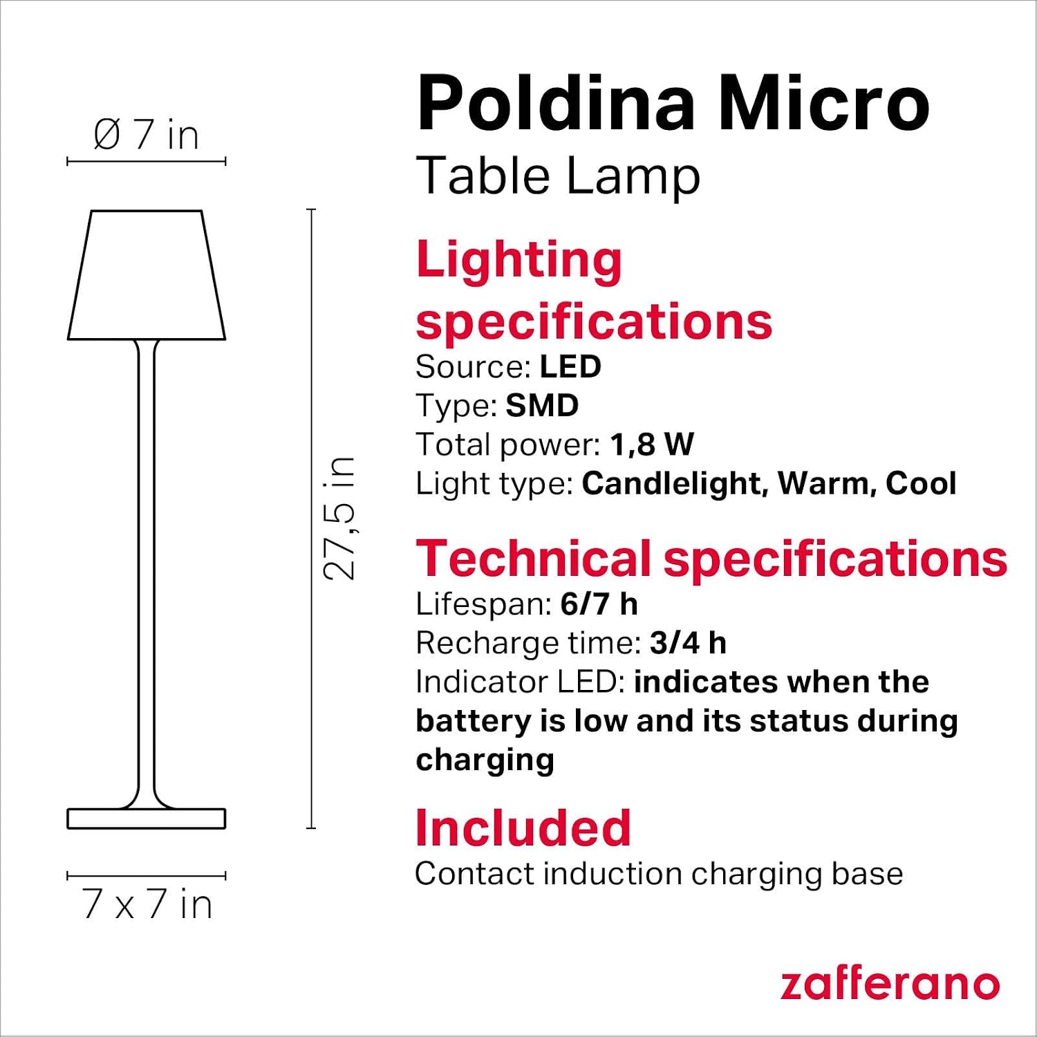 Zafferano, Poldina Micro Lamp, Rechargeable Cordless Table Lamp with Touch Controls, Suitable for Indoor and Outdoor, Dimmer, 2200-3000 K, Height 10.8 Inches, Sand Color