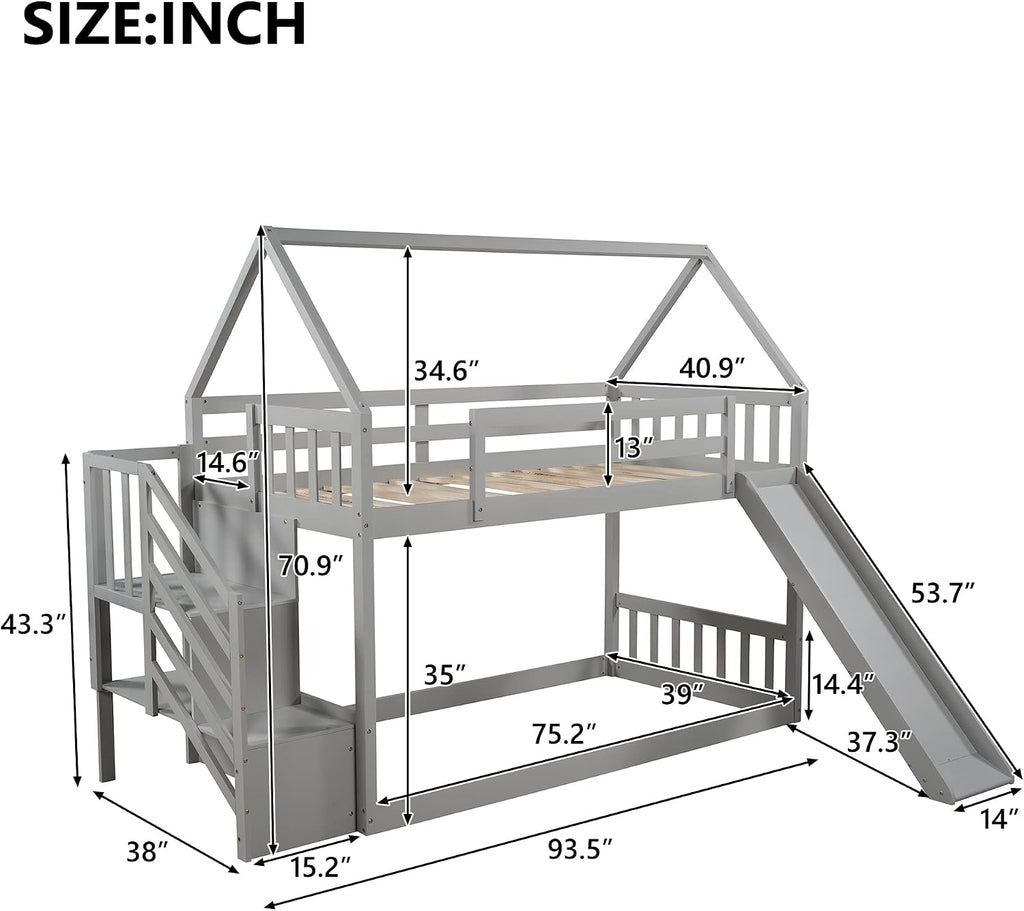 Twin Over Twin Bunk Bed with Slide for Kids Toddlers, House Bunk Bed Farm with Storage Steps and Roof Guardrail for Girls/Boys, No Spring Box Required (Gray-Storage Steps#2)