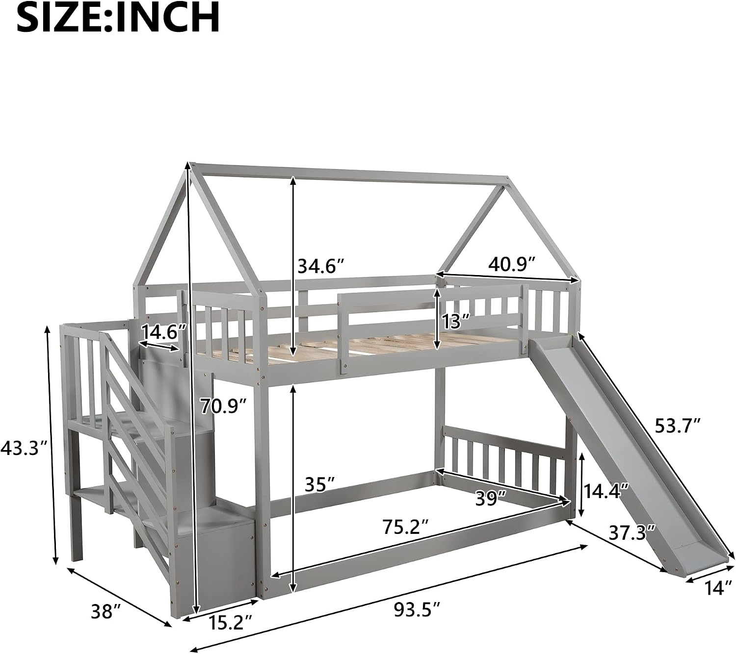 Twin Over Twin Bunk Bed with Slide for Kids Toddlers, House Bunk Bed Farm with Storage Steps and Roof Guardrail for Girls/Boys, No Spring Box Required (Gray-Storage Steps#2)