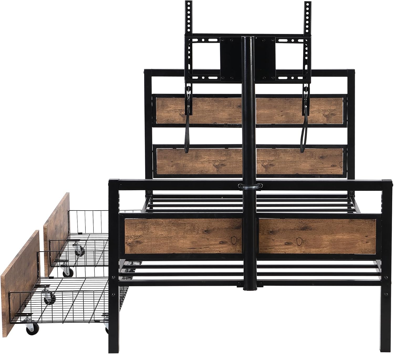 Twin Size Platform Bed with Two Storage Drawers and Rotatable TV Stand, Metal Bed Frame with MDF Headboard and Footboard, 14 Heavy-Duty Metal Sats, No Box Spring Needed (Black,Rotatable TV Stand)