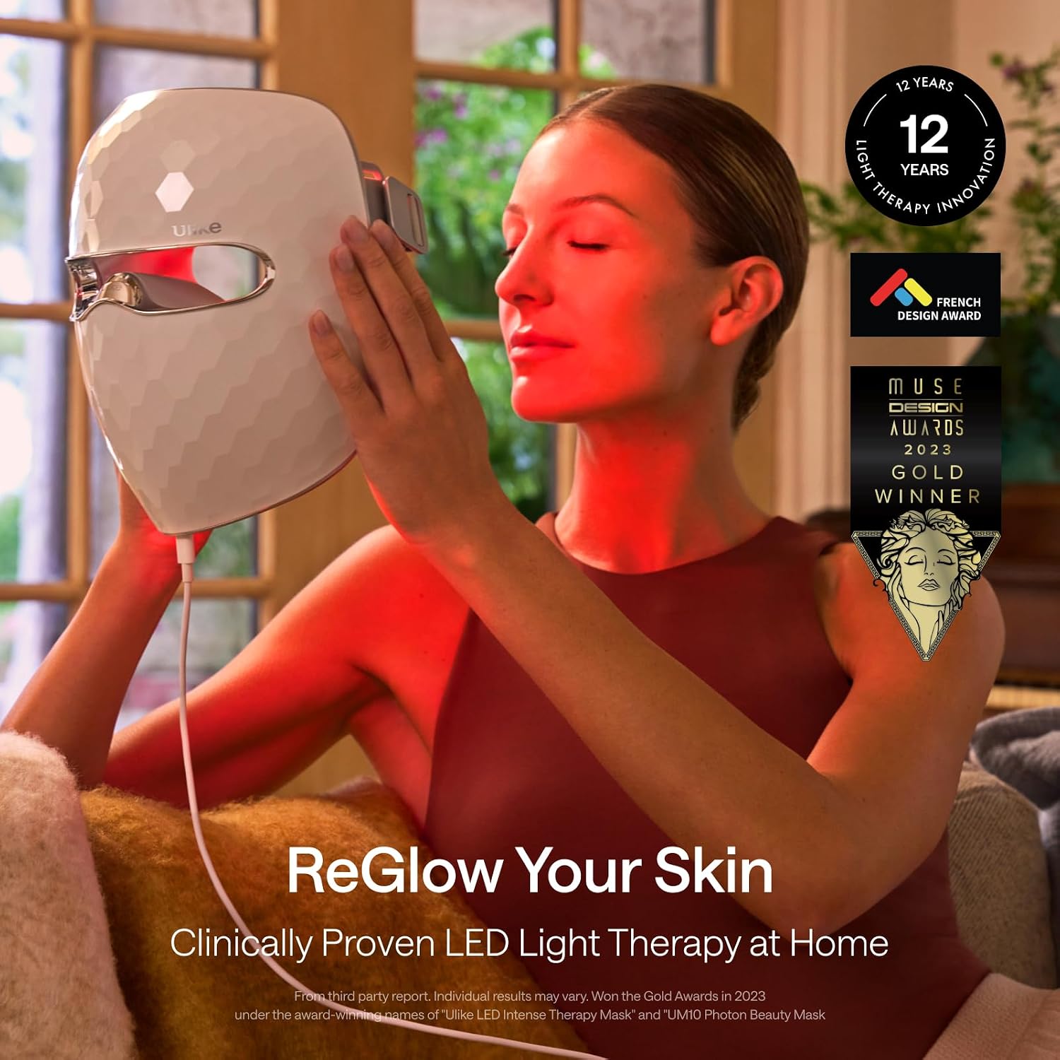 Ulike ReGlow LED Face Mask, Red Light Therapy for Face, Red, Blue, Yellow & Infrared Light Therapy for Acne & Anti-Ageing, Cordless, Remote Control, Eye Protection, Home Skincare Device for Women Wife