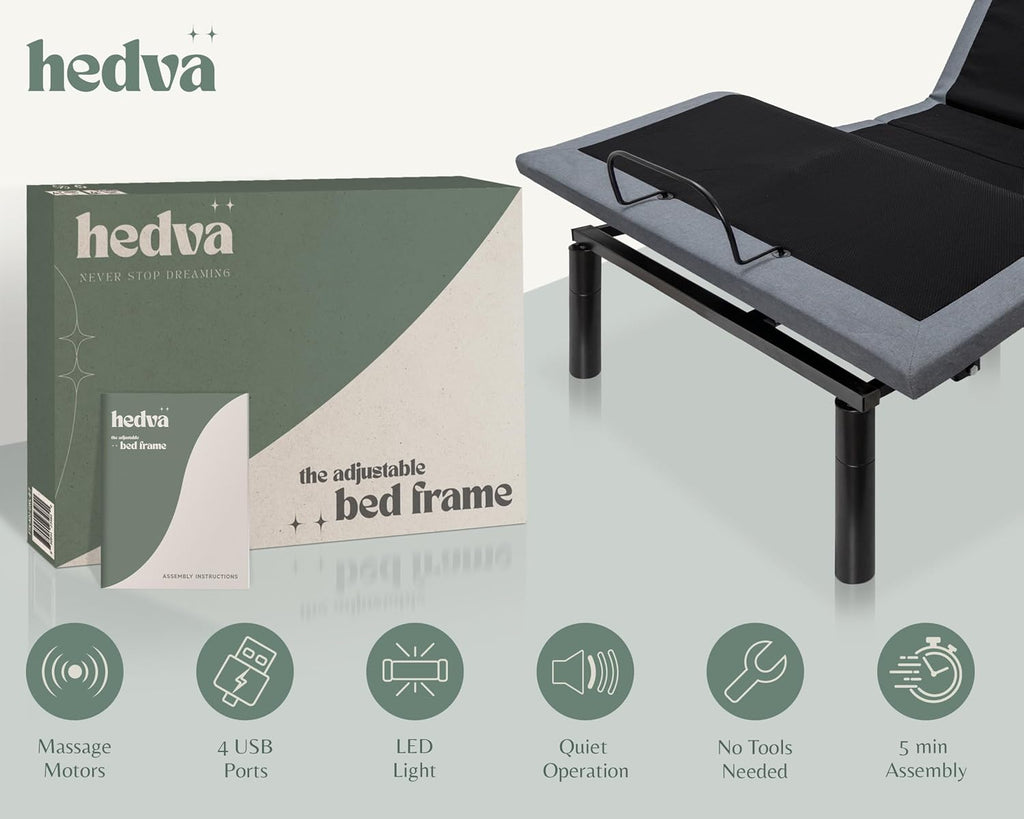 Hedva Adjustable Bed Frame with Massage Motors, 4 USB Ports, LED Light, 5-Minute Assembly, Multiple Preset Positions for Ultimate Comfort, Wireless Remote Control Adjustable Bed (Black, Full)