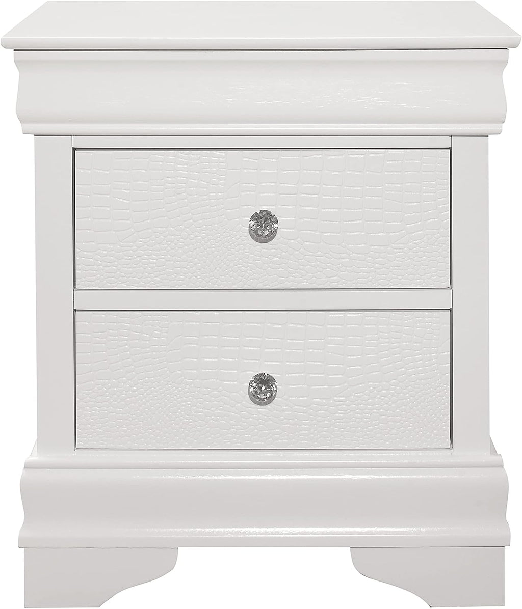 Glam 3pc Bedroom Set White Finish Queen Size LED Light Bed and Two Nightstands Alligator Texture Wooden Furniture