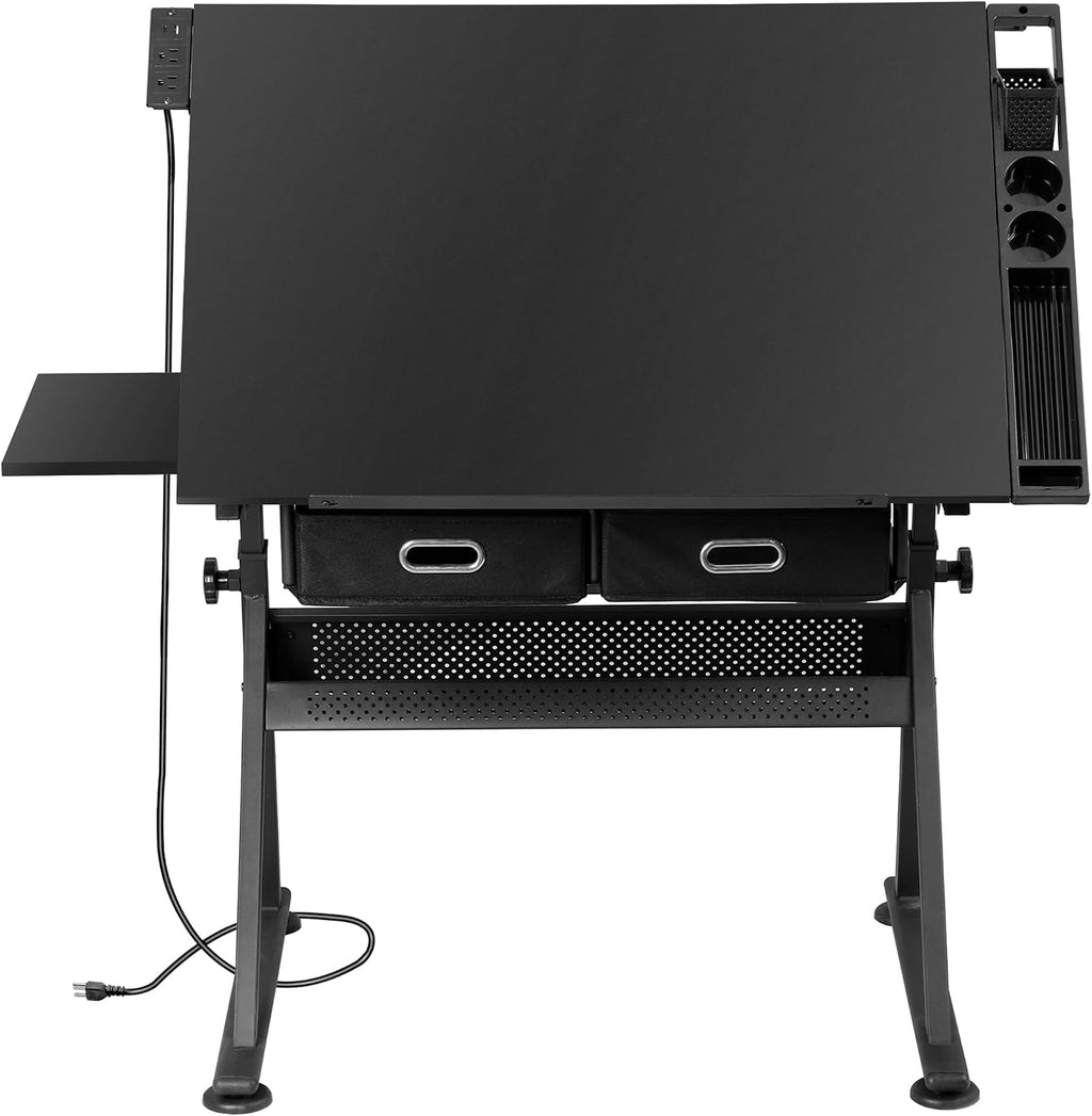 ZENY Adjustable Drafting Table with Stool, Tilting Drawing Desk Artist Table with Storage Drawers, Art Craft Workstation for Home Office Reading, Writing, Crafting (Black-with Outlet)