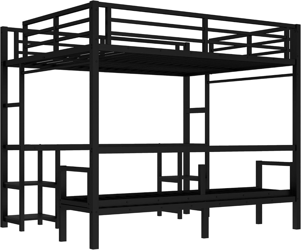 JIVOIT Queen Over Twin XL Metal Bunk Bed/Loft Bed, Multi-Functional Folding Design with Desk and Shelves, Multiple Uses Folds into Sofa, No Box Spring Needed