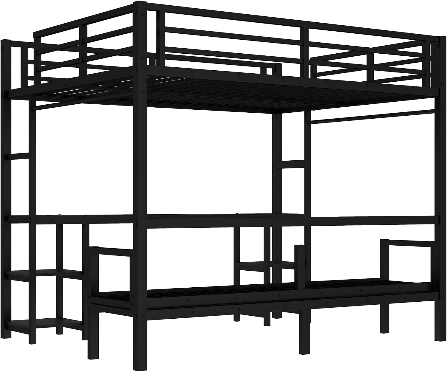 JIVOIT Queen Over Twin XL Metal Bunk Bed/Loft Bed, Multi-Functional Folding Design with Desk and Shelves, Multiple Uses Folds into Sofa, No Box Spring Needed