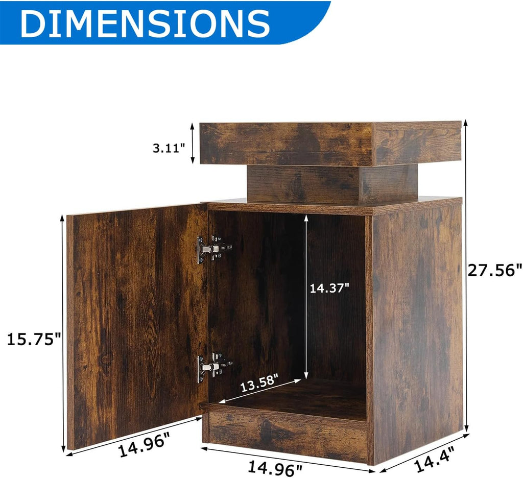 Nightstand with LED Lights Set of 2, 2 Pieces Bedside Tables with Storage Cabinet, Modern End Tables for Bedroom, Brown