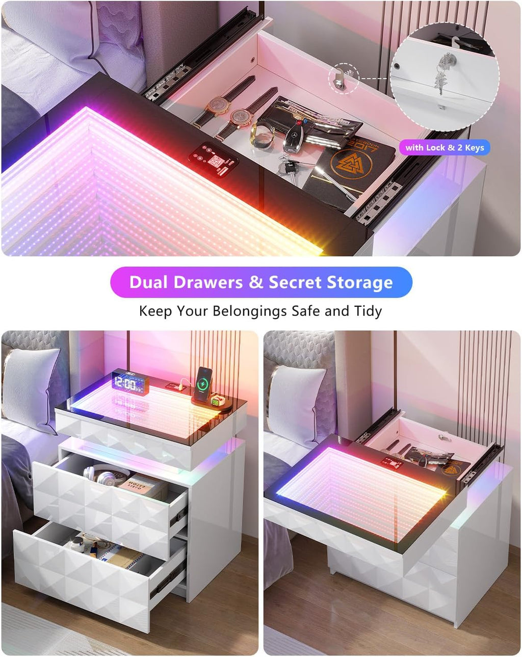 Bedside Table with Charger Station and RGB Lights, Nightstand with 3 Drawers and Sliding Top, Modern Night Stand with Human Body Sensor for Bedroom & Living Room, White