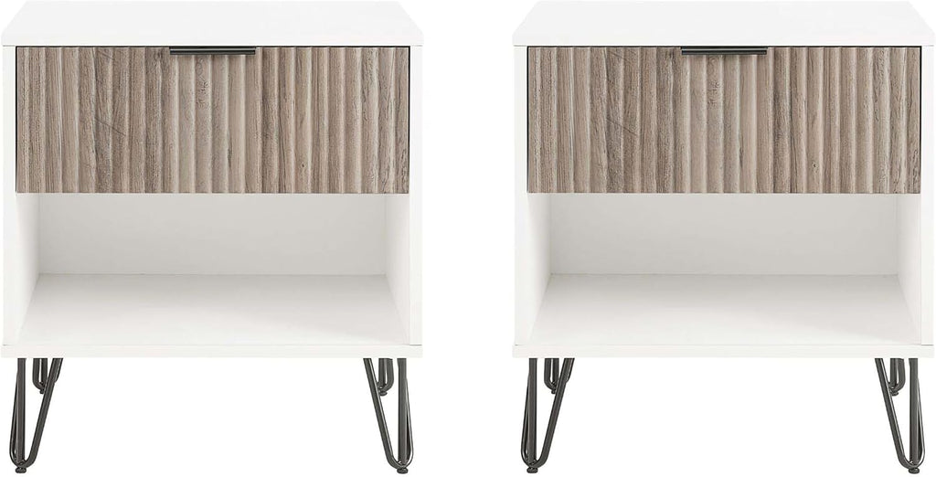 Manhattan Comfort Dumbo Modern Nightstand 1.0 with 1 Drawer and Metal Feet | Splayed Black Legs | Vertical Ribbed | No Tool Assembly Storage for Bedroom & Living Room, Set of 2, White and Rustic Grey