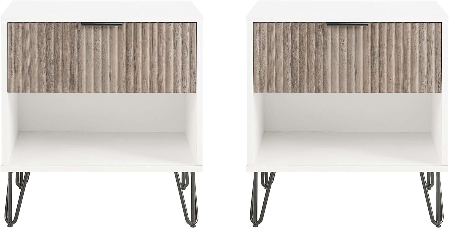 Manhattan Comfort Dumbo Modern Nightstand 1.0 with 1 Drawer and Metal Feet | Splayed Black Legs | Vertical Ribbed | No Tool Assembly Storage for Bedroom & Living Room, Set of 2, White and Rustic Grey