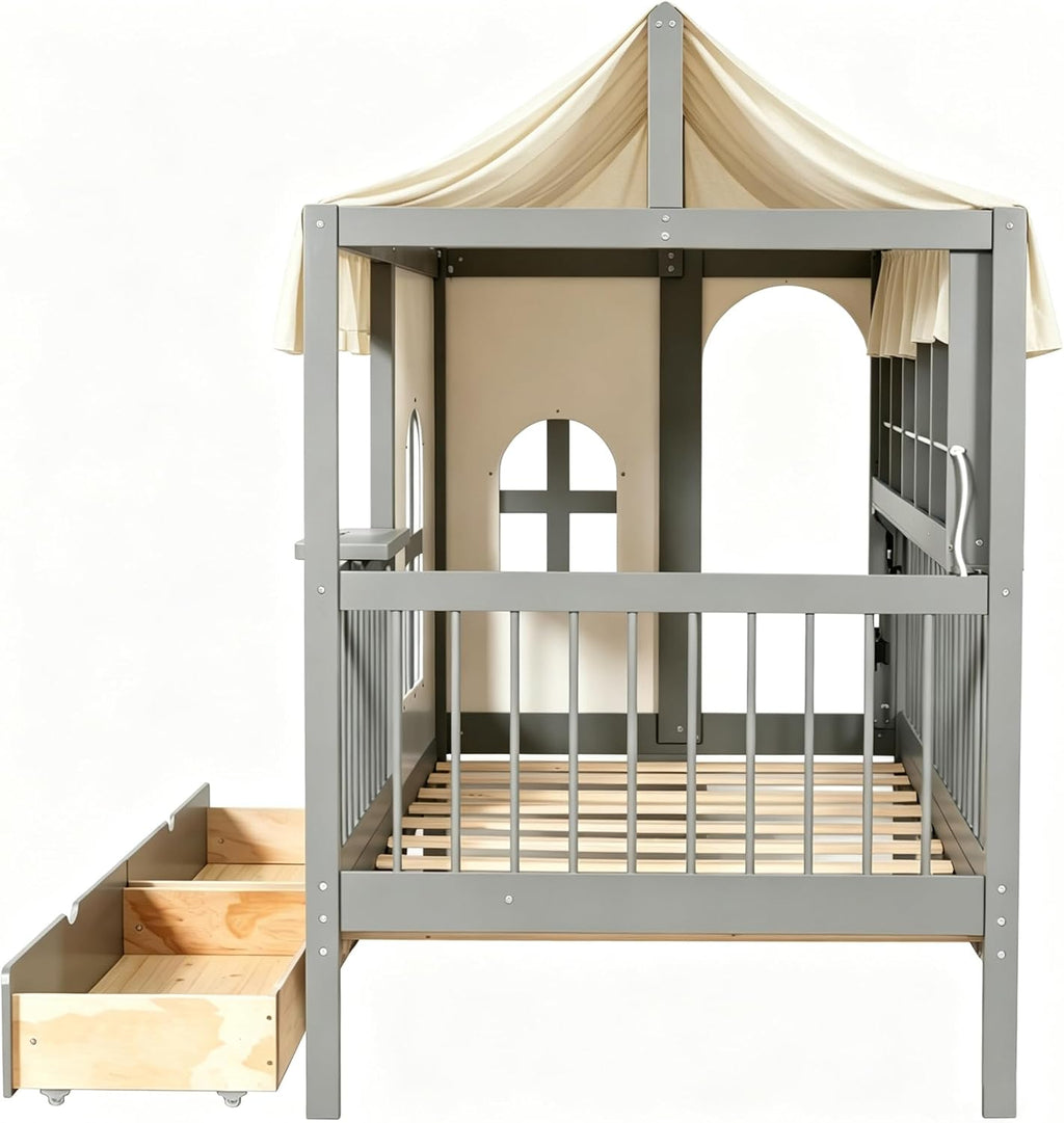Polibi Twin Size House Bed with 2 Large Drawers, Side Bookshelf with LED Strip, Built-in Charging Board & Soft Tent, Gray Wooden Kids House Bed with Ultra-High Guardrails for Safe Sleep