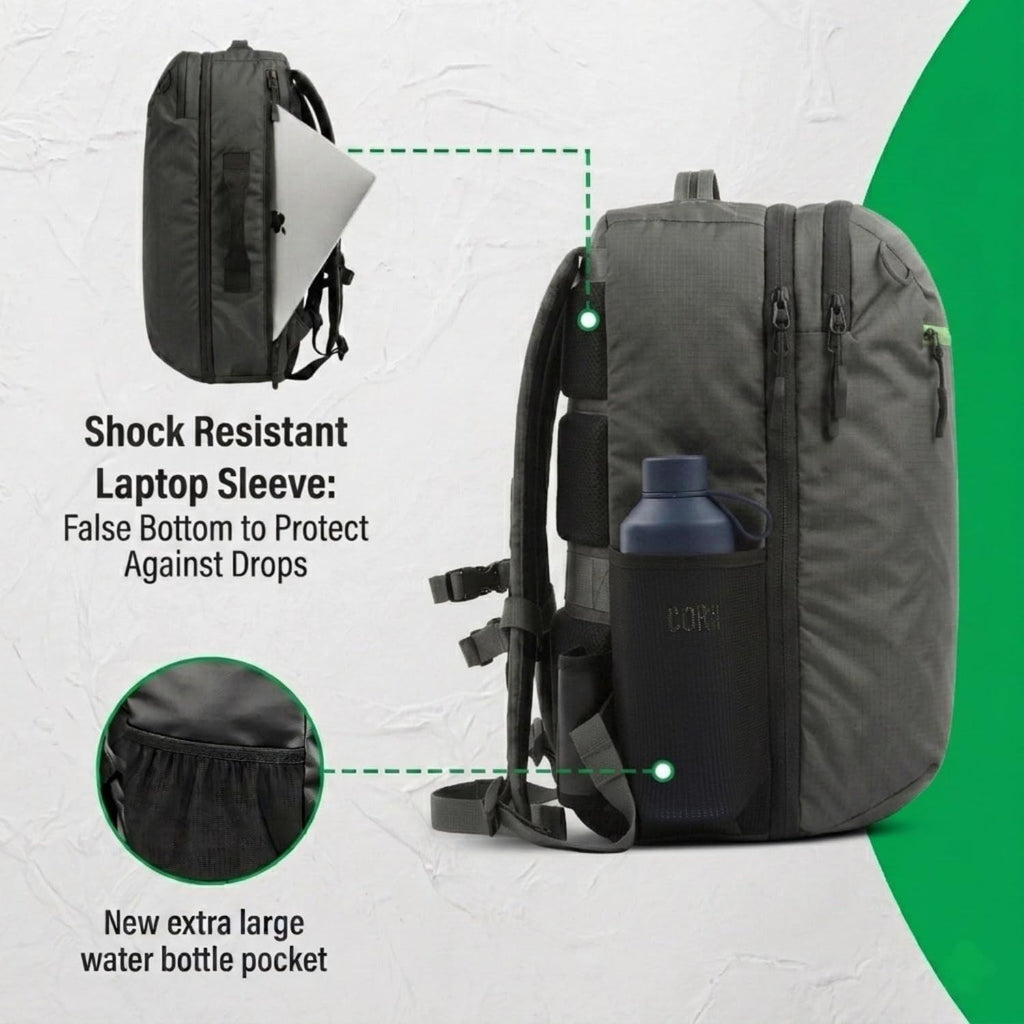 COR Surf Travel Backpack Carry On Backpack for Airplanes - Island Hopper 2.0 - Travel Backpack with Clamshell Design -Black with Green Zipper