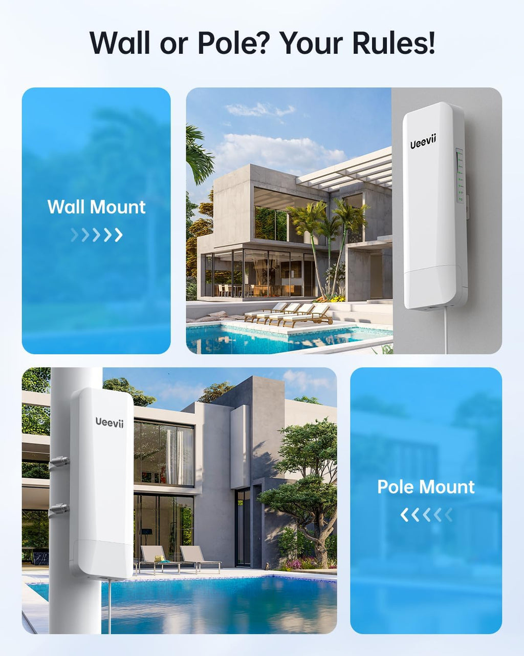 Wireless Bridge Point to Point Outdoor: Ueevii 5.8GHz Dual 100Mbps WiFi Bridge, 2KM Range CPE for Network Extend, PoE Adapter, IP65 Weatherproof, CPE453 for Starlink Garage Barn Shop