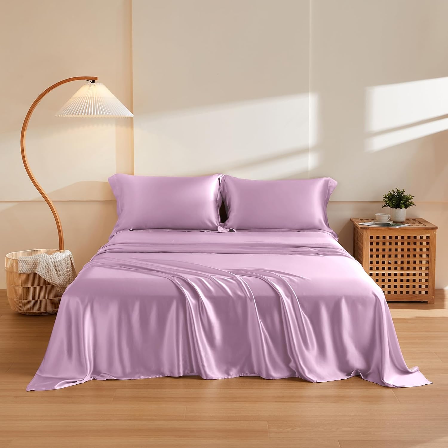 Twin XL Size 4-Piece Sheet Set Premium Mulberry Silk Bed Sheets Set Fits 14-16' Deep Pocket - Luxurious Soft Silk (Solid, Lavender)