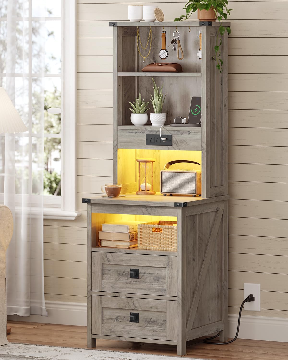 Farmhouse Tall Nightstand Set of 2 with Charging Station and 2 Drawers,Led Night Stand Set of 2 with Bookshelf,Bedside End Side Table with Storage Shelves for Bedroom, Grey