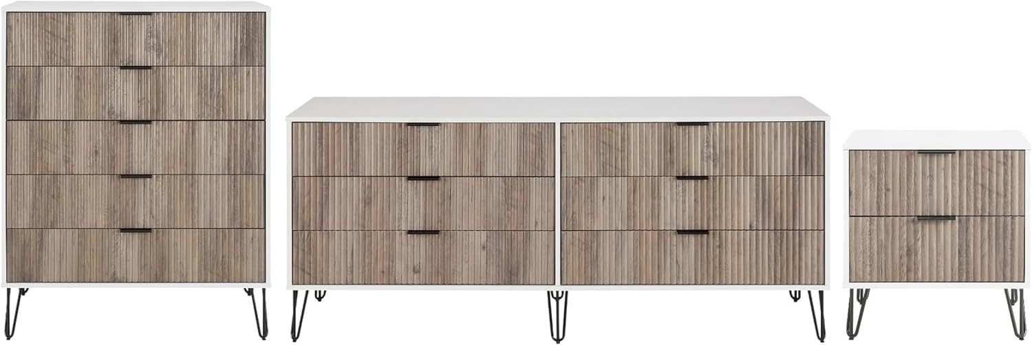 Manhattan Comfort Dumbo 3-Piece Modern Dresser Drawer and Nightstand Set, Tall and Double Low - Vertical Ribbed Design - No Tool Assembly Storage for Bedroom & Living Room, White/Grey