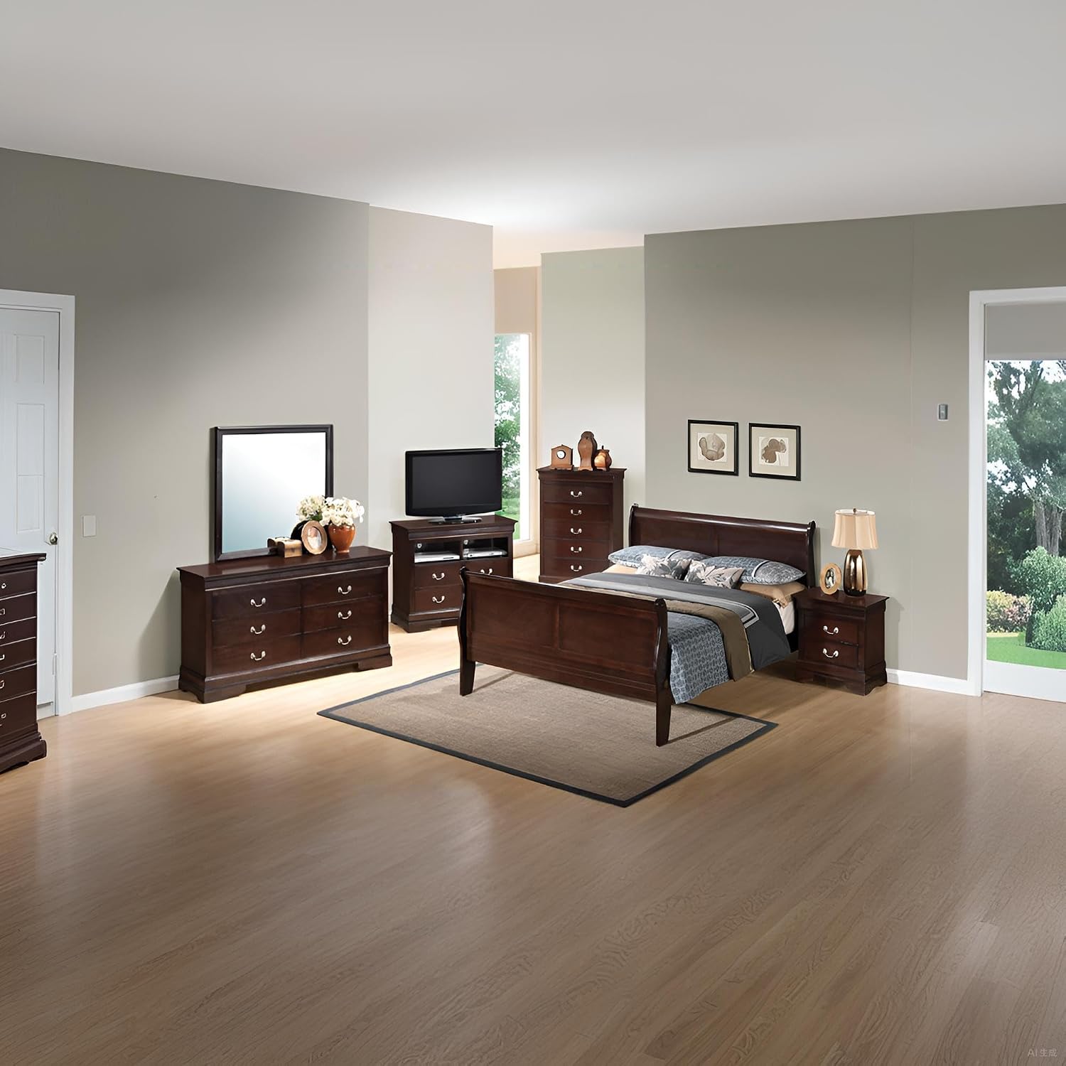 GDFStudio Queen Size Wood Platform Bed Frame, Classic Sleigh Design with Curved Trim & Wood Posts,Easy Assembly, Box Spring Required,Timeless Elegant Bedroom Furniture,Cappuccino