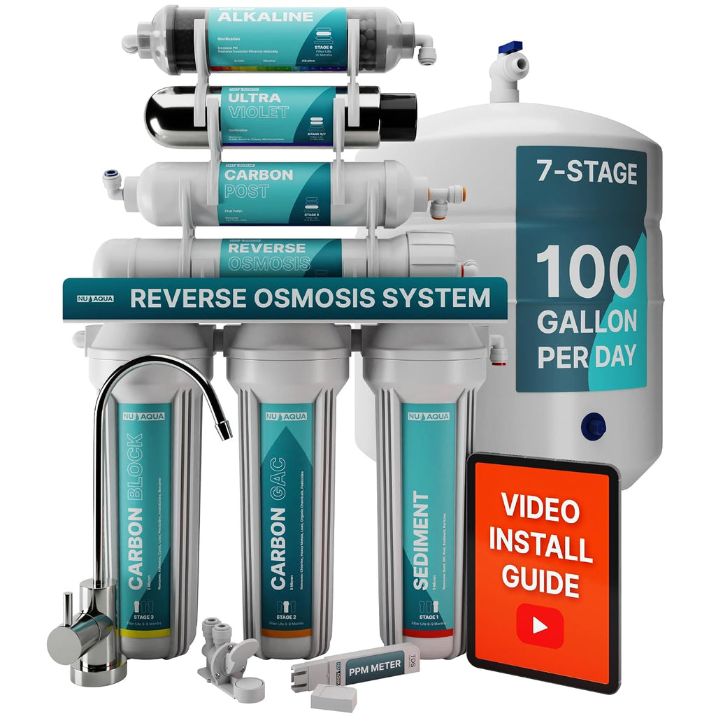 NU Aqua 7-Stage (12 Step Filtration) UV & Alkaline Under Sink Reverse Osmosis Water Filter System - 100 GPD RO Filtration & Remineralization - 100GPD Undersink - Home Kitchen Drinking