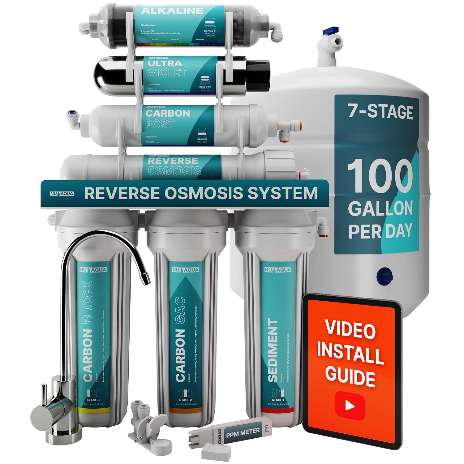 NU Aqua 7-Stage (12 Step Filtration) UV & Alkaline Under Sink Reverse Osmosis Water Filter System - 100 GPD RO Filtration & Remineralization - 100GPD Undersink - Home Kitchen Drinking