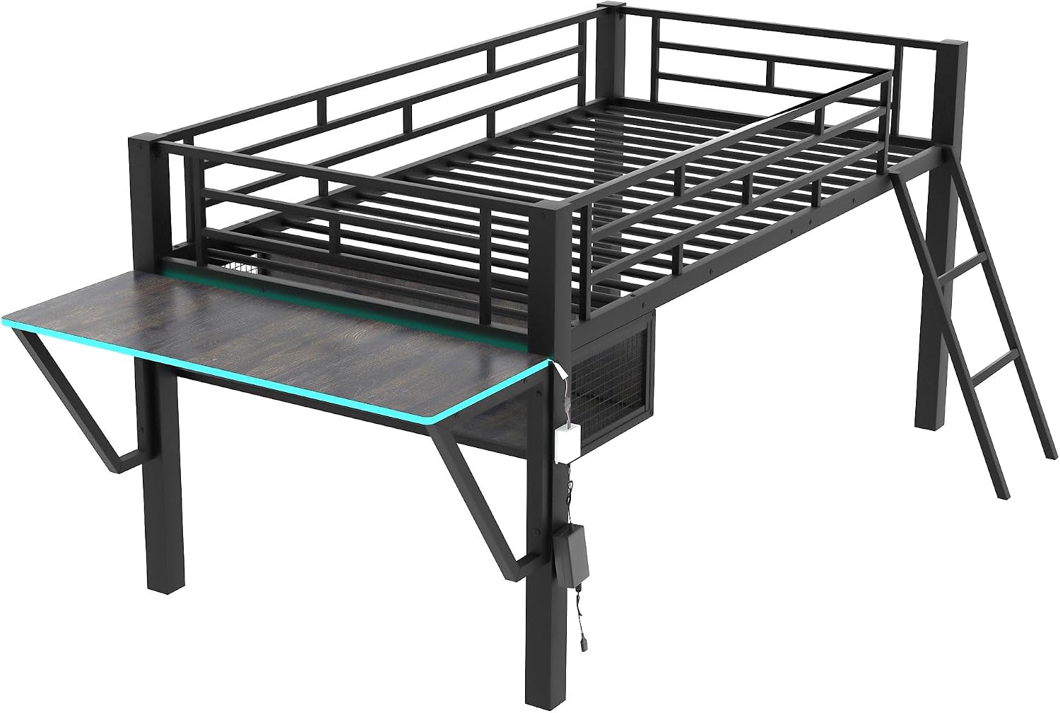GOWE Gaming mid loft Bed with Desk, LED, Twin, Black