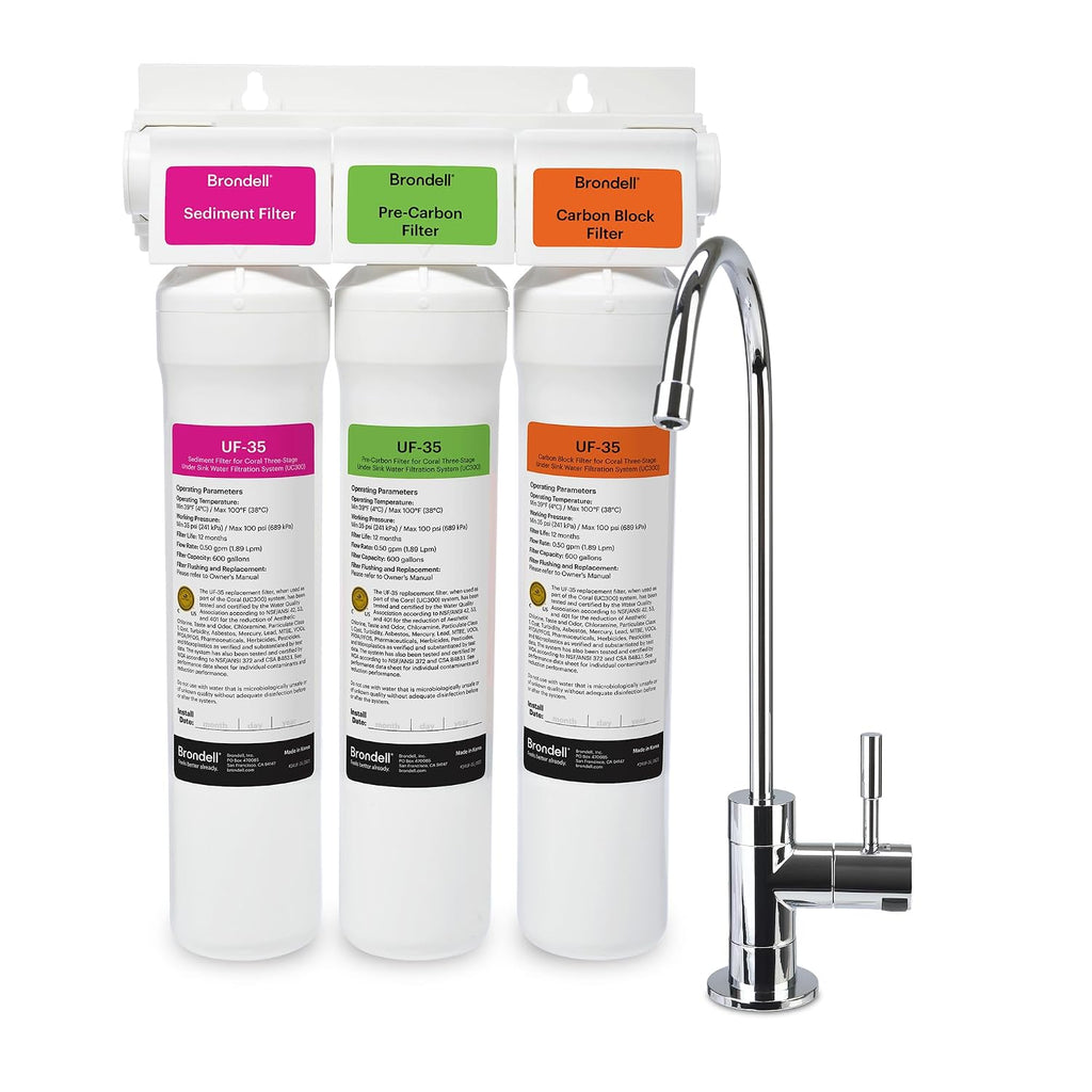 Brondell Coral UC300 Under Sink Water Filtration System – Reduces PFAS, Lead, & Chlorine in Drinking Water, Water Purifier with Designer Chrome Faucet – Quick Change Filter, WQA Gold Seal-Certified