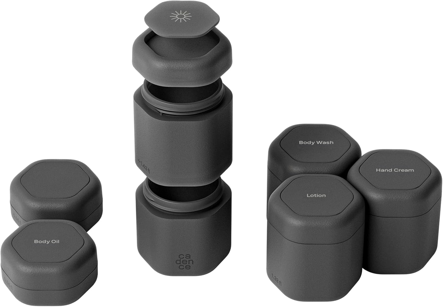 Cadence Travel Containers - 6pk (2 Small, 0.56oz + 4 Medium, 1.32oz), Charcoal - TSA Approved, Leak Proof Full Body Care Capsule Set - Lotion (2), Body Wash, Sun Icon, Hand Cream, Body Oil Labels