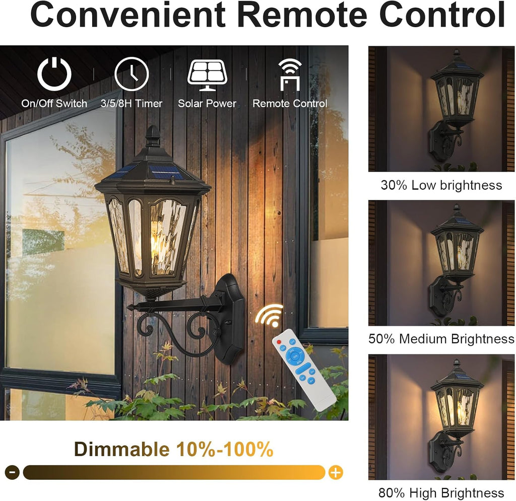 Solar LED Wall Light Outdoor with Remote Control, 22'' Front Door Sconce Dusk to Dawn 3 Lighting Modes Solar Exterior Wall Lantern Outside Lights for Patio Doorway Porch Walkway, Black