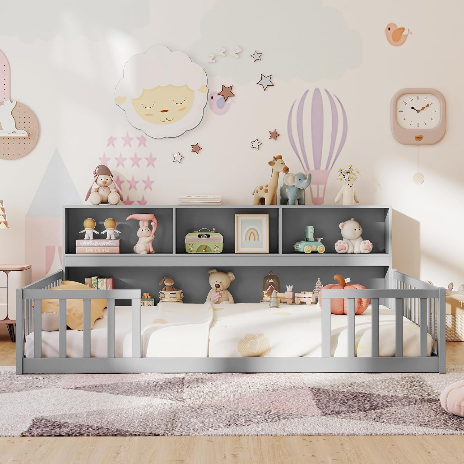 BECOMFORT Full Size Floor Bed for Kids, 2-in-1 Kids Wood Bed Frame with Bedside Bookcase & Safety Guardrails, Montessori Bed for Boys Girls
