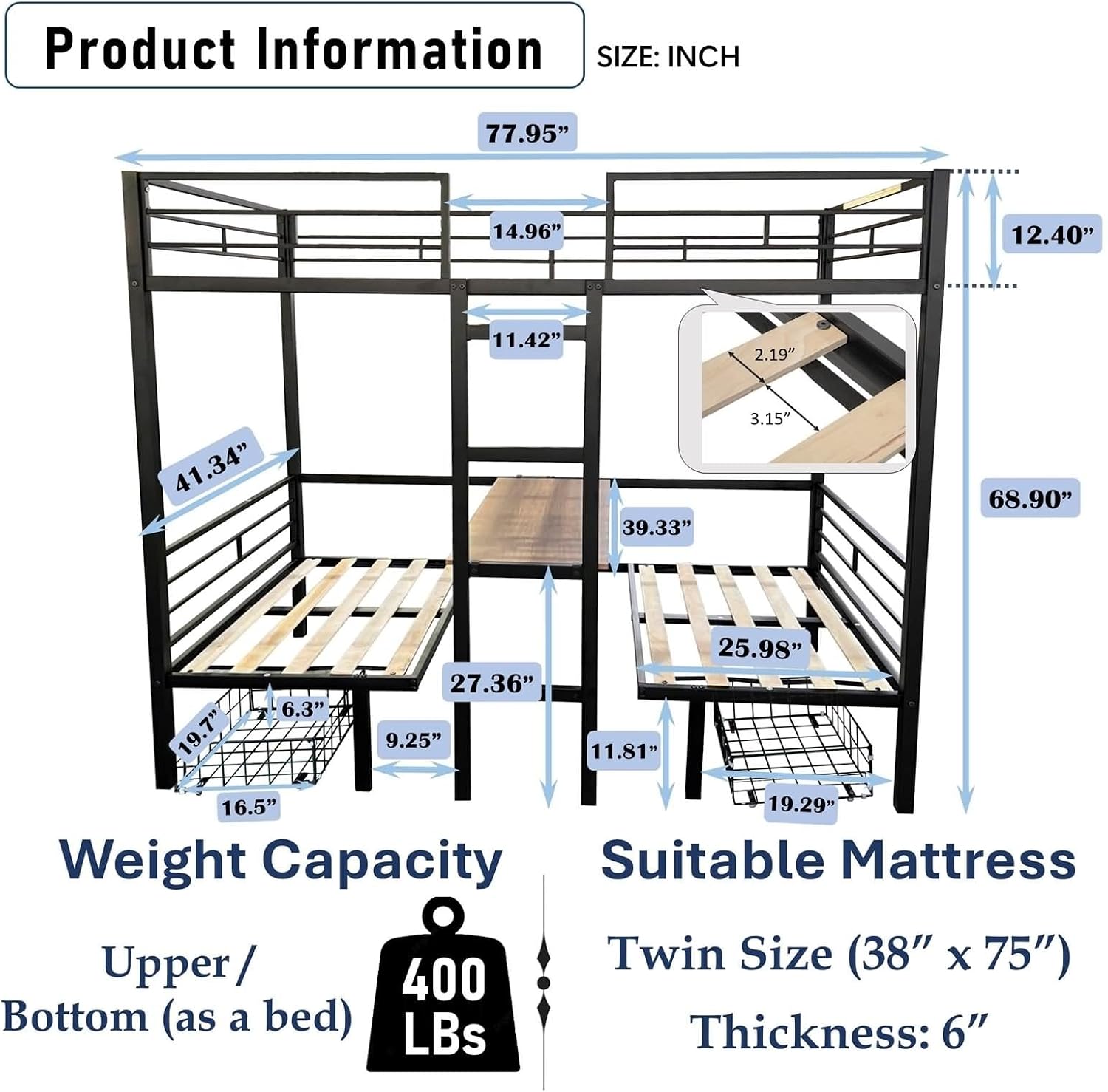 Bed Frame Twin Size Loft, Black Bed Frame Men with Table Sets Transformable to Twin Over Twin Bunk Steel 77.95' L x 41.34' W x 68.9' H