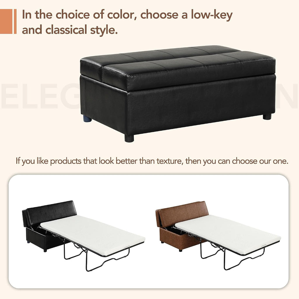 Folding Ottoman Sleeper Bed with Foldable Foam Mattress, Faux Leather Upholstered with Pull Out Bed and Steel Frame Base, Twin Size, for Living Room Bedroom Office (Black PU)