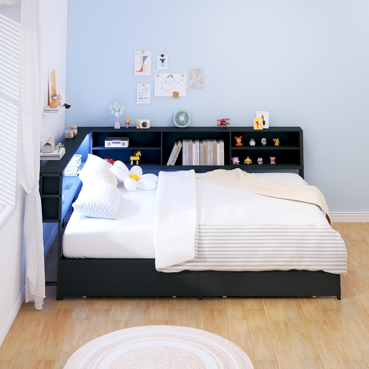 Black Full Corner Bed Frame with Storage Drawers, Metal Daybed with Storage Bookcase, Kids Platform Bed with Charging Station and LED Lights, No Spring Mattress Needed (Black, Full)