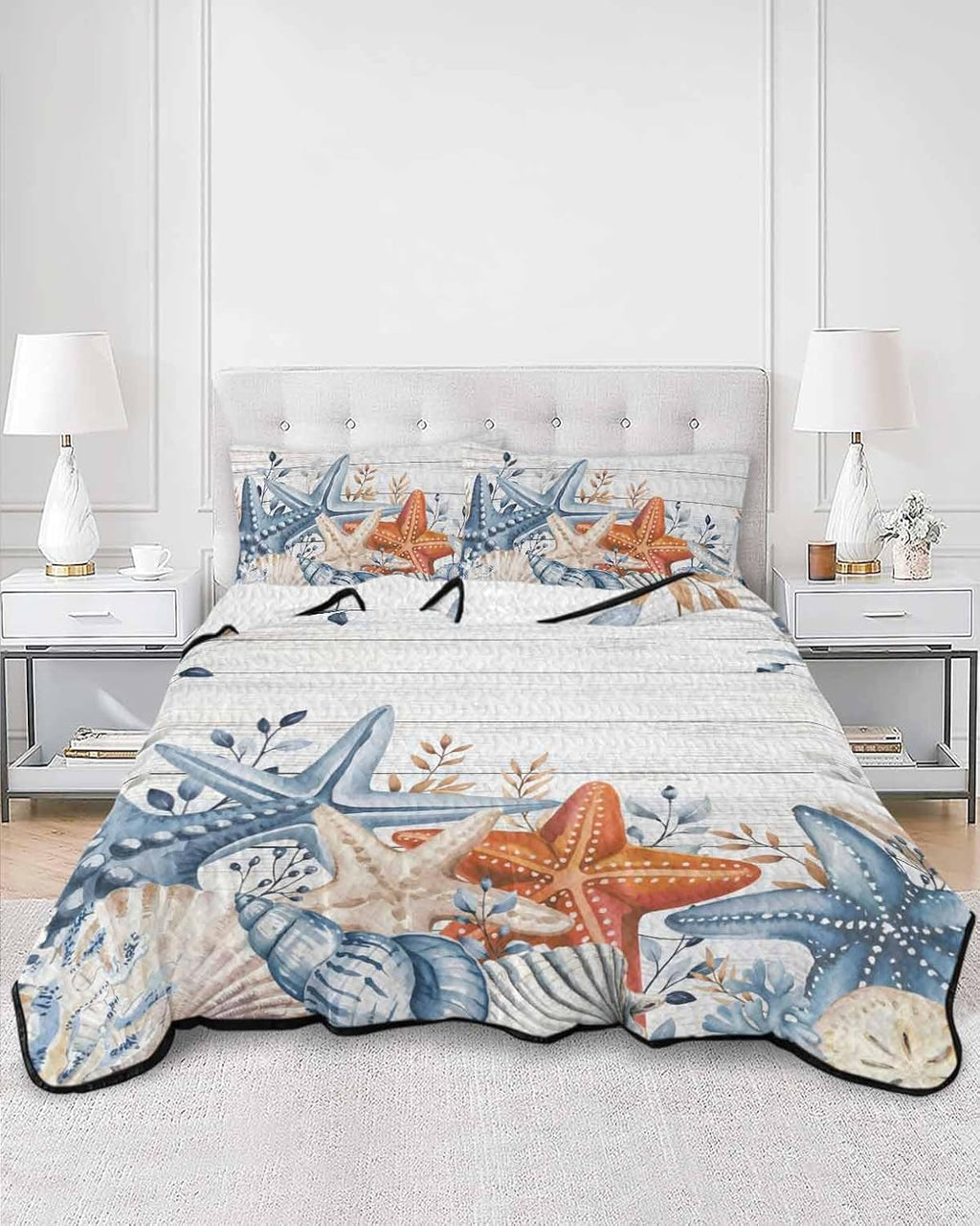 Quilt King Size Bedding Set, Orange Blue Starfish Coastal Lightweight Summer Quilt 3 Pieces Bedding Sets, Summer Beach Eucalyptus Retro Reversible Soft Bedspreads Coverlets with 2 Pillow Shams