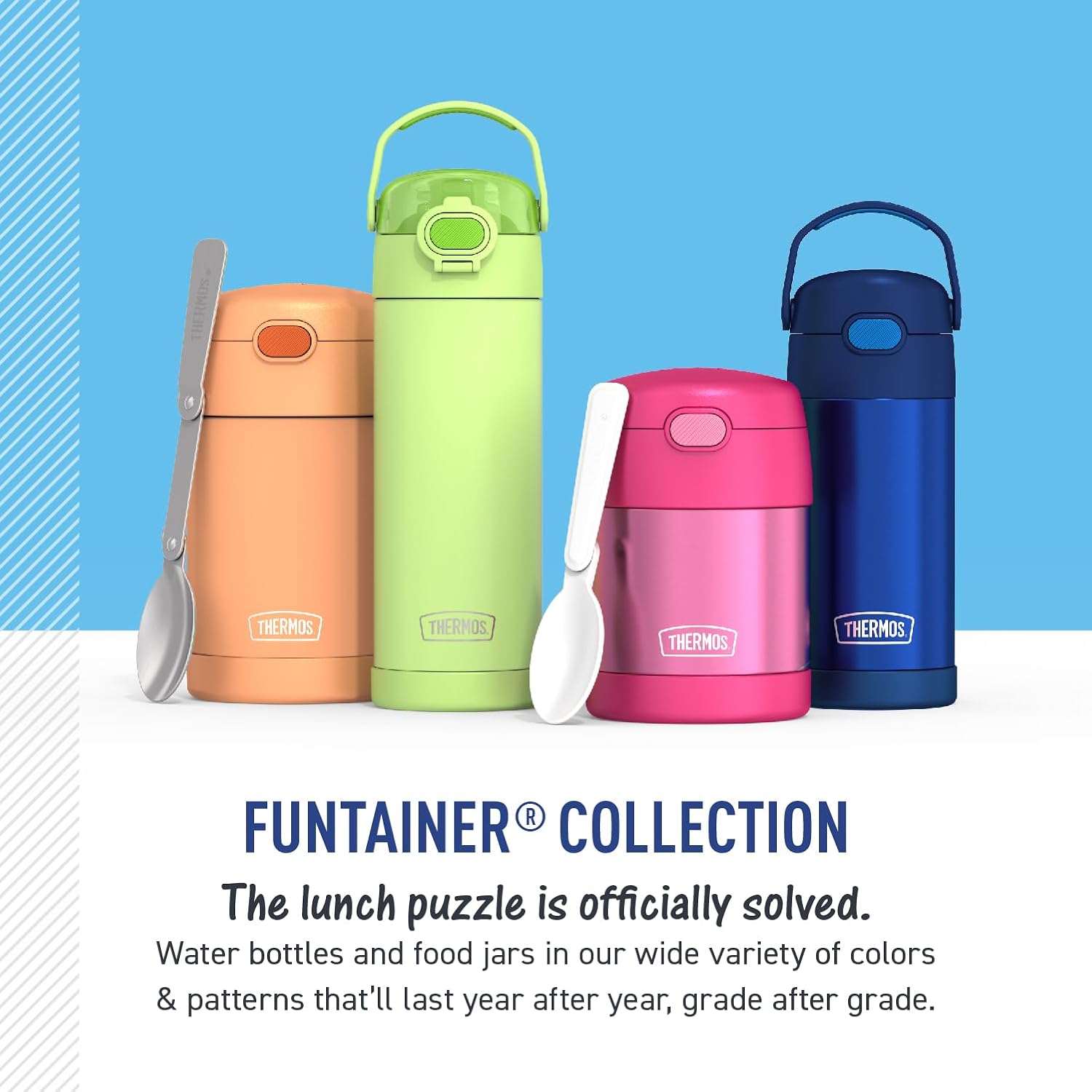 THERMOS FUNTAINER Water Bottle with Straw - 12 Ounce - Kids Stainless Steel Vacuum Insulated Water Bottle with Lid,Blue/Green,(Pack of 6)