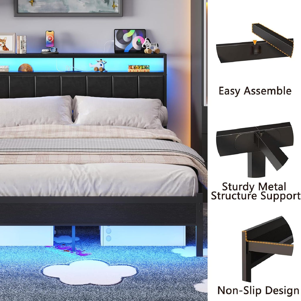 Queen Bed Frames with Charging Station and LED Lights, Black Queen Size Platform Bed with Metal Slats, Upholstered Headboard with 2-Tier Storage Shelves, No Box Spring Needed