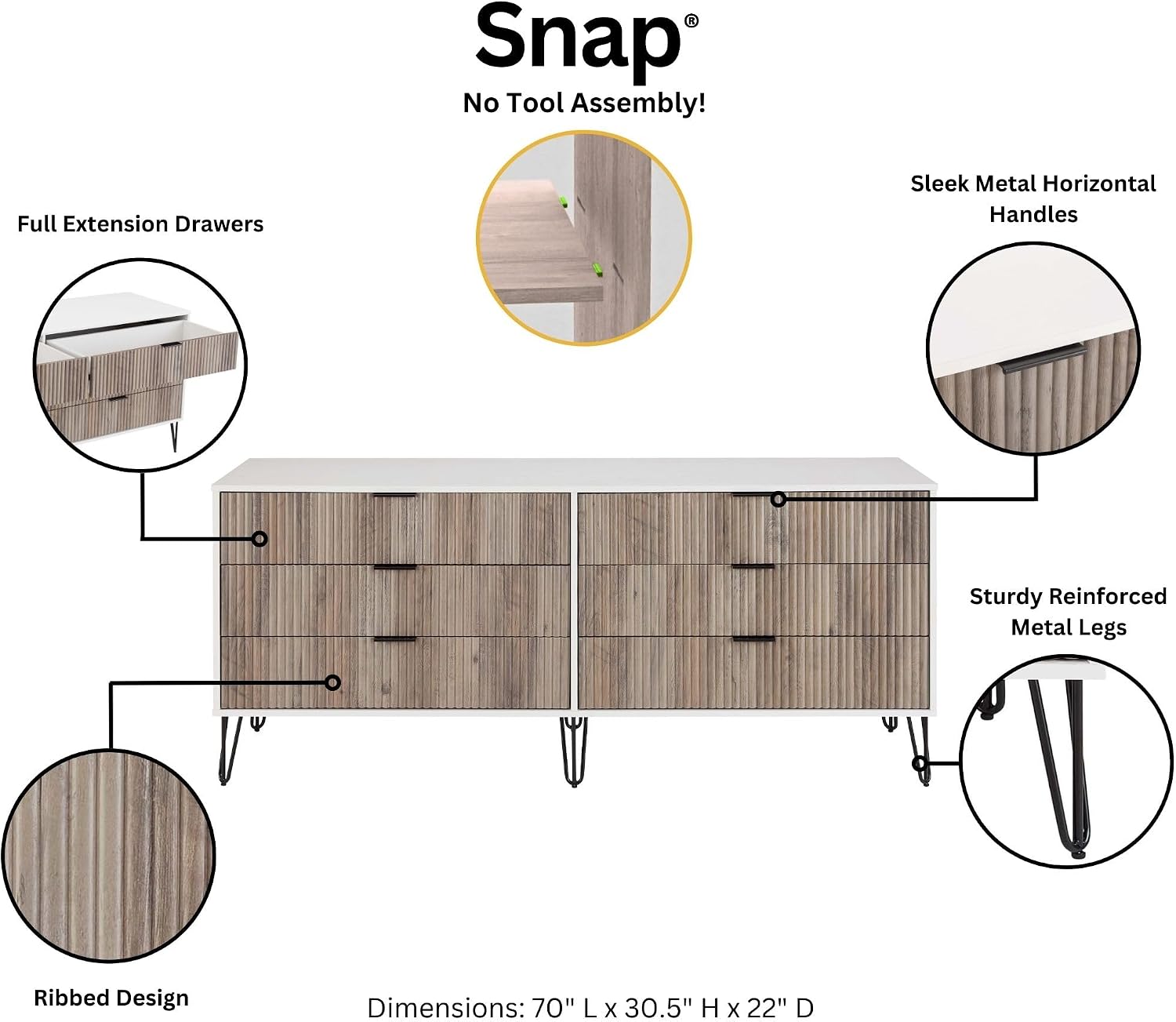 Manhattan Comfort Dumbo 3-Piece Modern Dresser Drawer and Nightstand Set, Tall and Double Low - Vertical Ribbed Design - No Tool Assembly Storage for Bedroom & Living Room, White/Grey