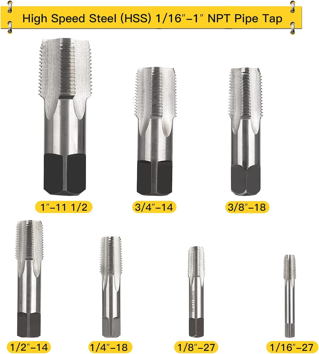 NPT Pipe Tap and Die Set 1/16', 1/8', 1/4', 3/8', 1/2', 3/4' and 1', Rethreading High Speed Steel Taper Taps and GCr15 Carbon Steel Hex Dies (NPT-14 Pcs)