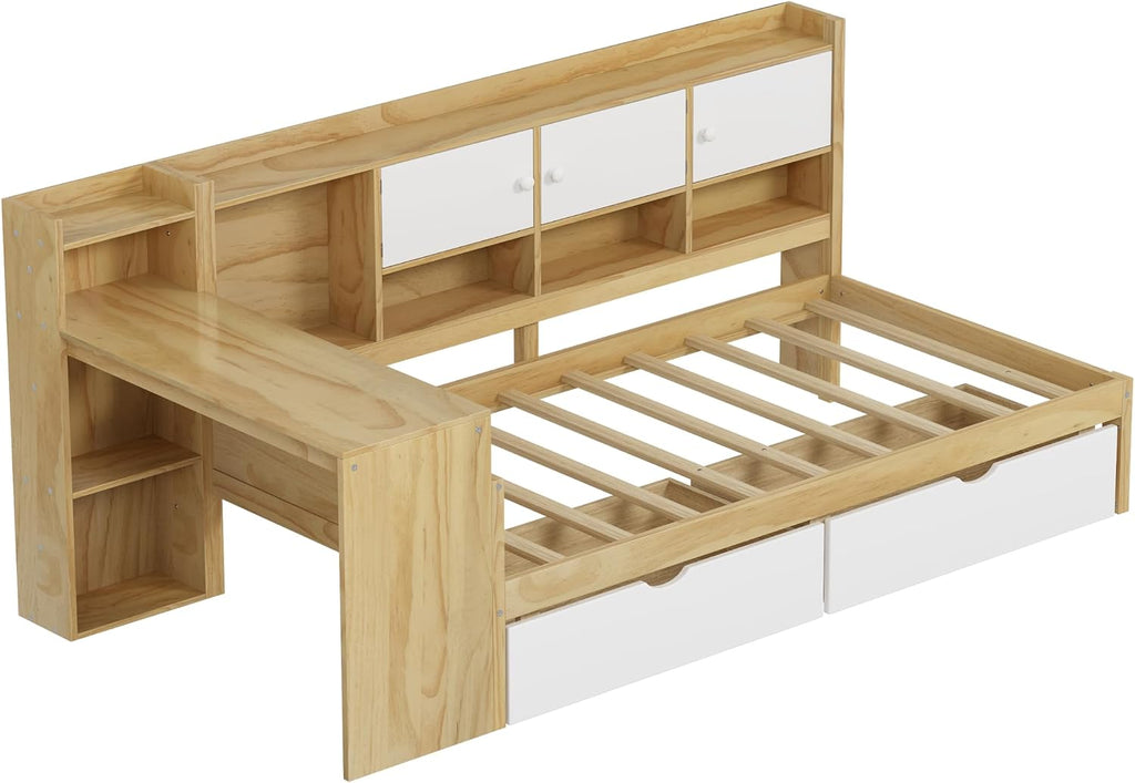 Twin Bed Frames with Storage, L-Shaped Corner Beds with Desk, Wood Daybed with Bookcase, Platform Beds with Drawers and Shelves for Living Room, Bedroom, Teens Room, Natural