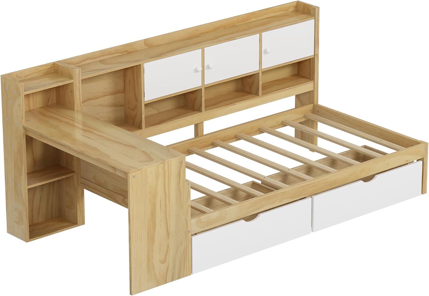 Twin Bed Frames with Storage, L-Shaped Corner Beds with Desk, Wood Daybed with Bookcase, Platform Beds with Drawers and Shelves for Living Room, Bedroom, Teens Room, Natural